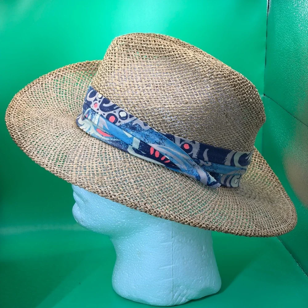 Peter Grimm Straw Fedora Hat Medium Tan Woven Boho Pattern Band Sun Cap USA Made